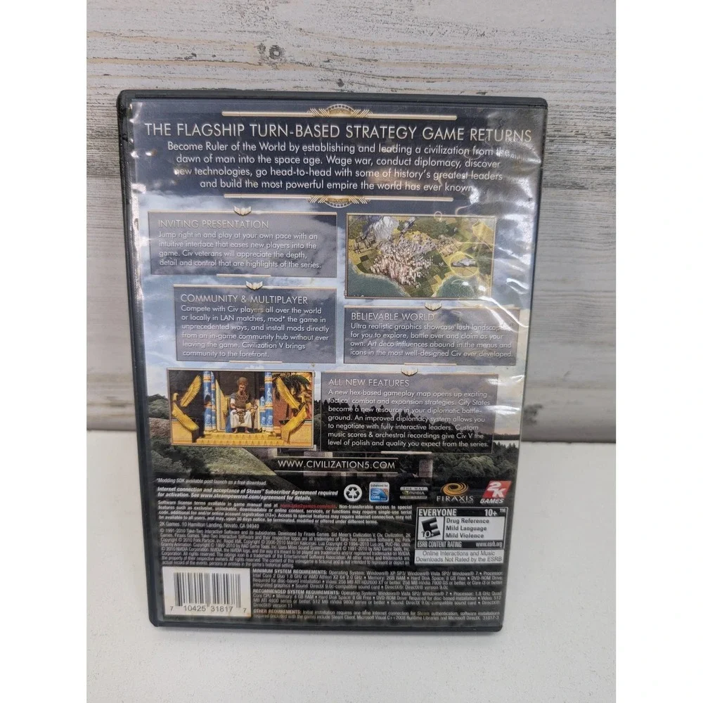 Sid Meier's Civilization V PC DVD 2K Games Strategy‎ E10+ Multiplayer Disc Case
